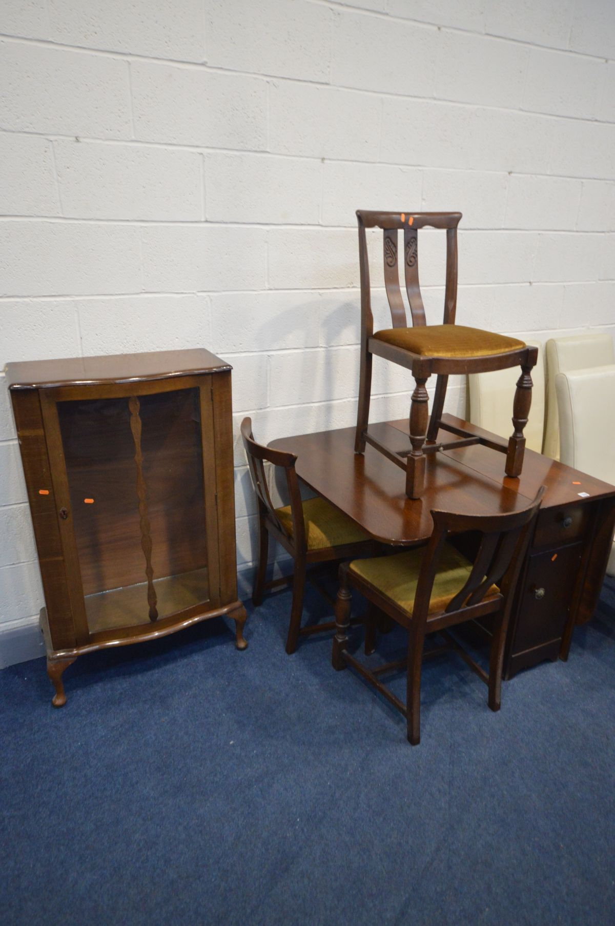 AN OAK GATE LEG TABLE, three chairs, walnut single door China cabinet and a set of four cream - Image 3 of 3