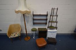 A QUANTITY OF OCCASIONAL FURNITURE, to include a mahogany wall shelf, two drawer bedside cabinet,