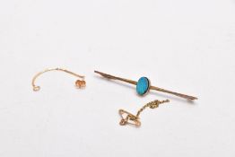 A YELLOW METAL OPAL BAR BROOCH, A SINGLE YELLOW METAL EARRING AND A SAFETY CHAIN, the brooch