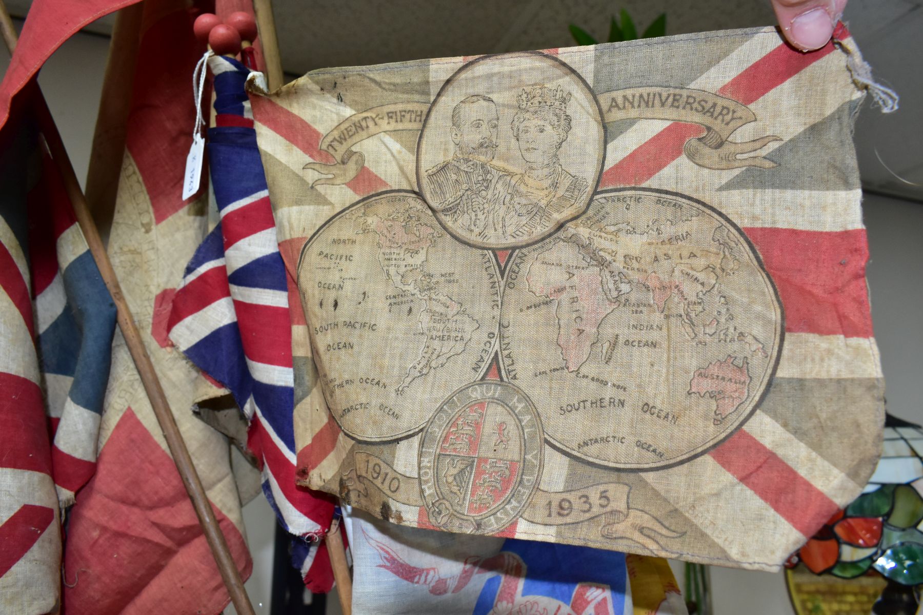 SEVEN VINTAGE FLAGS AND TWO BOOKLETS, to include 'The King's Reign Told in Pictures' (King George - Image 3 of 4