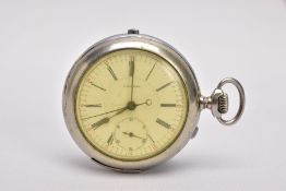 A SILVER-PLATED QUARTER REPEATER, OPEN FACE POCKET WATCH, round white dial signed 'F. Monnier',