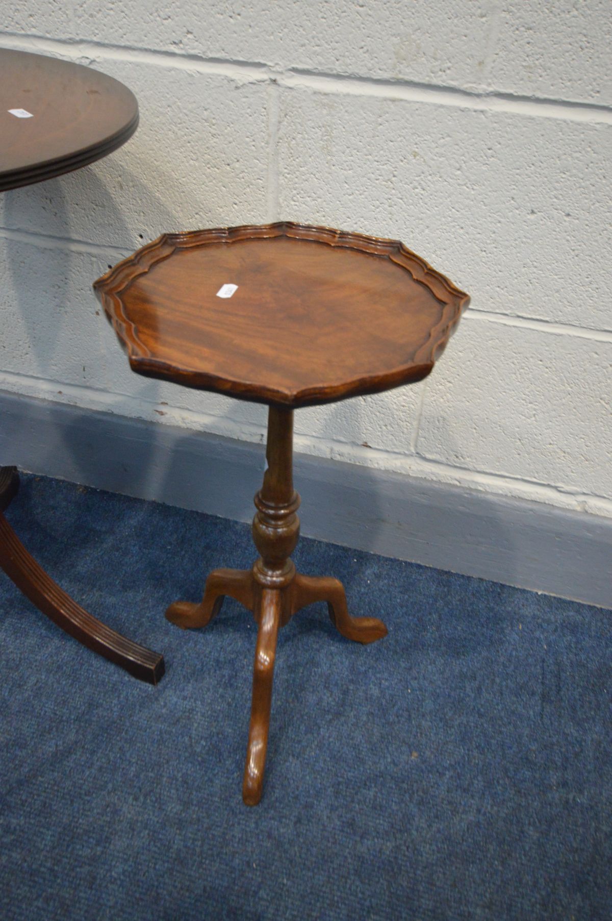A REPRODUCTION MAHOGANY WINE TABLE, and a circular topped tripod table (2) - Image 2 of 2