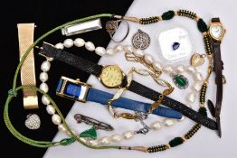 A BAG OF ASSORTED JEWELLERY, to include a cultured baroque pearl necklace fitted with a white