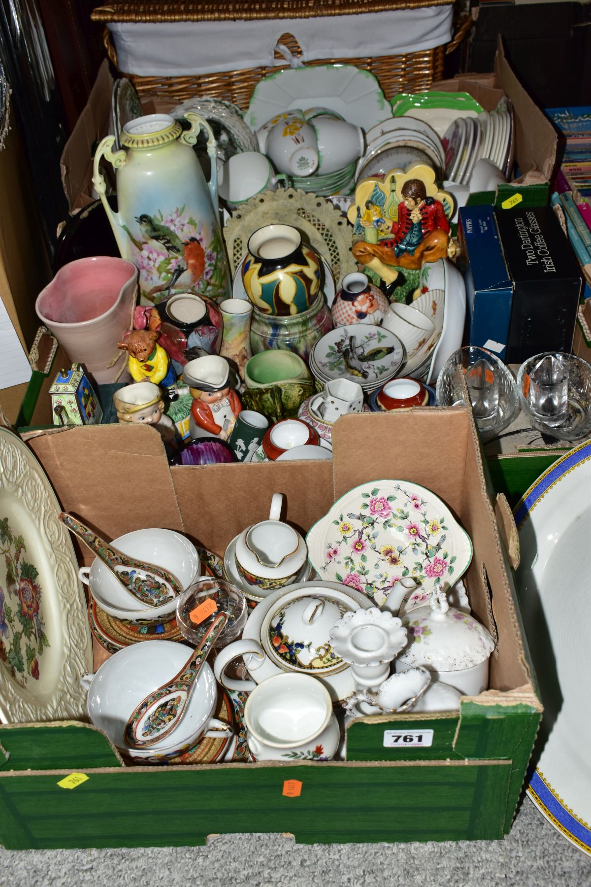THREE BOXES OF CERAMICS AND GLASSWARES, to include Wedgwood Patrician 'Tapestry' TMD 440 dinner