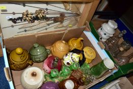 TWO BOXES AND LOOSE CERAMIC AND GLASSWARE, to include a group of novelty face pots by various makers