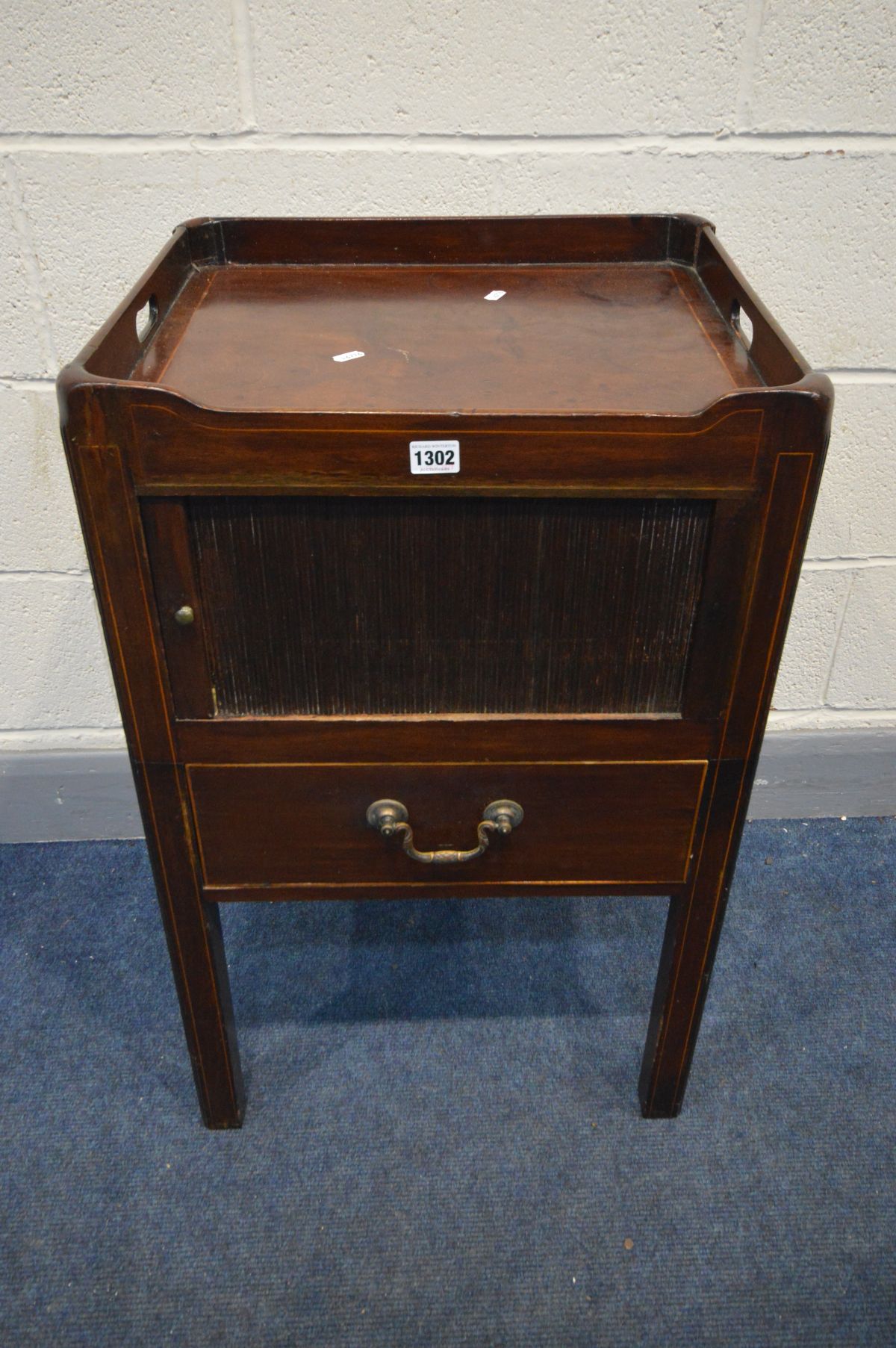 A GEORGIAN MAHOGANY AND BOX STRUNG INLAID TRAY TOP COMMODE, with a horizontal tambour front door, - Image 2 of 3