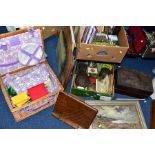 THREE BOXES, A BASKET AND LOOSE SUNDRY ITEMS, PICTURES etc, to include a C Fowle table top book