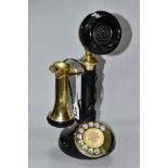 A MODERN REPROUCTION CANDLESTICK TELEPHONE, of steel body with brass and bakelite fittings,