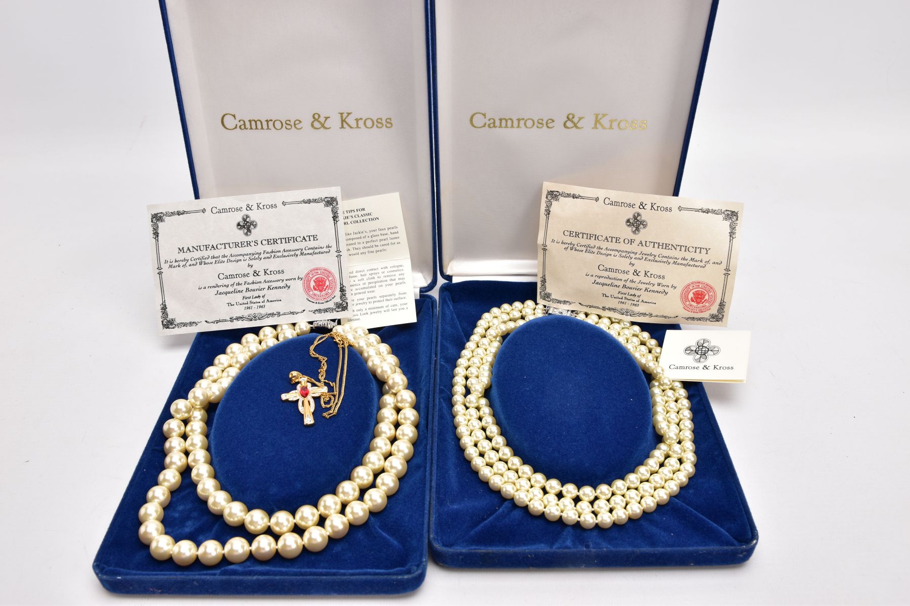 THREE PIECES OF 'JACQELINE BOUVIER KENNEDY' JEWELLERY, the first a boxed three strand imitation