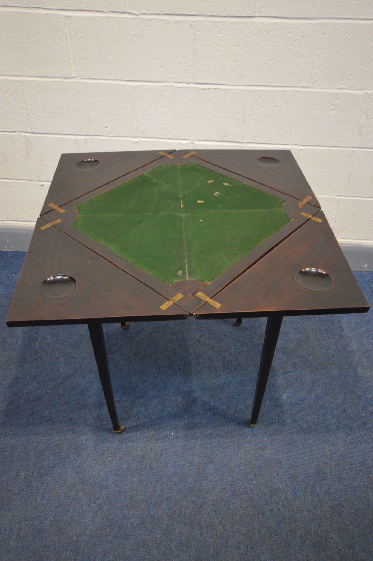AN LATE 19TH CENTURY STAINED MAHOGANY ENVELOPE CARD TABLE, with a single drawer, on square tapered - Image 2 of 2