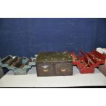 TWO METAL TOOLBOXES containing Spanners, mallets, hammers, and a vintage Roneo Metal two drawer