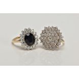 TWO 9CT GOLD DRESS RINGS, the first a cubic zirconia cluster ring, ring size K, the second