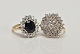 TWO 9CT GOLD DRESS RINGS, the first a cubic zirconia cluster ring, ring size K, the second