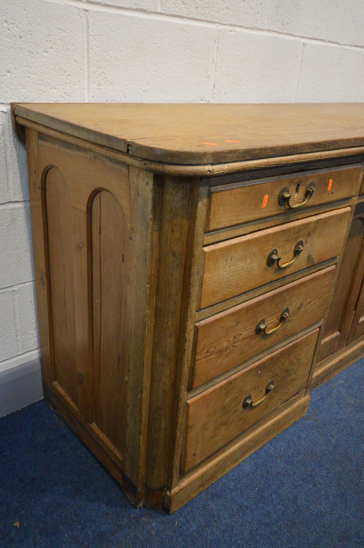 A VICTORIAN PINE SIDEBOARD, nine assorted drawers, flanking double cupboard doors, length 184cm x - Image 2 of 4