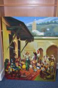 A LATE 20TH CENTURY MIDDLE EASTERN SCENE OF LADIES DANCING AND SPECTATORS IN A COURTYARD, OIL ON