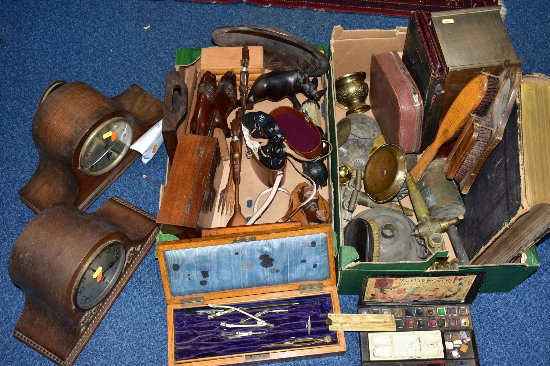 TWO BOXES OF CLOCKS, TREEN, METALWARES AND OTHER ITEMS, to include two 20th Century wooden cased