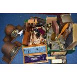TWO BOXES OF CLOCKS, TREEN, METALWARES AND OTHER ITEMS, to include two 20th Century wooden cased