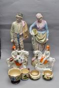 TWO VICTORIAN STAFFORDSHIRE POTTERY FIGURES, FOUR PIECES OF MOTTOWARE, ETC, comprising a pair of