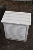 A VINTAGE WOODEN SLATTED WEATHER STATION with UPVC roof, louvred wooden front and sides enclosing