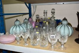 A QUANTITY OF CUT CRYSTAL AND OTHER GLASSWARE, to include Brierley ships decanter with silver mount,