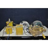 TWO MAKITA 5903R 110V CIRCULAR SAWS, two extension leads and three 110v transformers (ALL SPARES