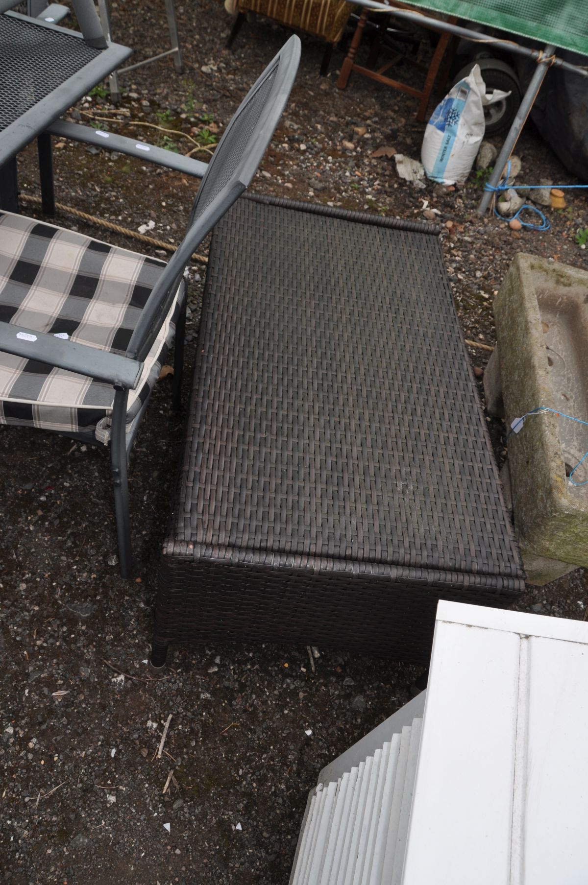 A MODERN METAL GARDEN TABLE, 110cm square top, four matching chairs, two matching folding chairs, - Image 2 of 2