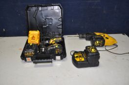 A DEWALT 24V CORDLESS SDS DRILL with charger and two non-charging batteries and a DeWalt 18v