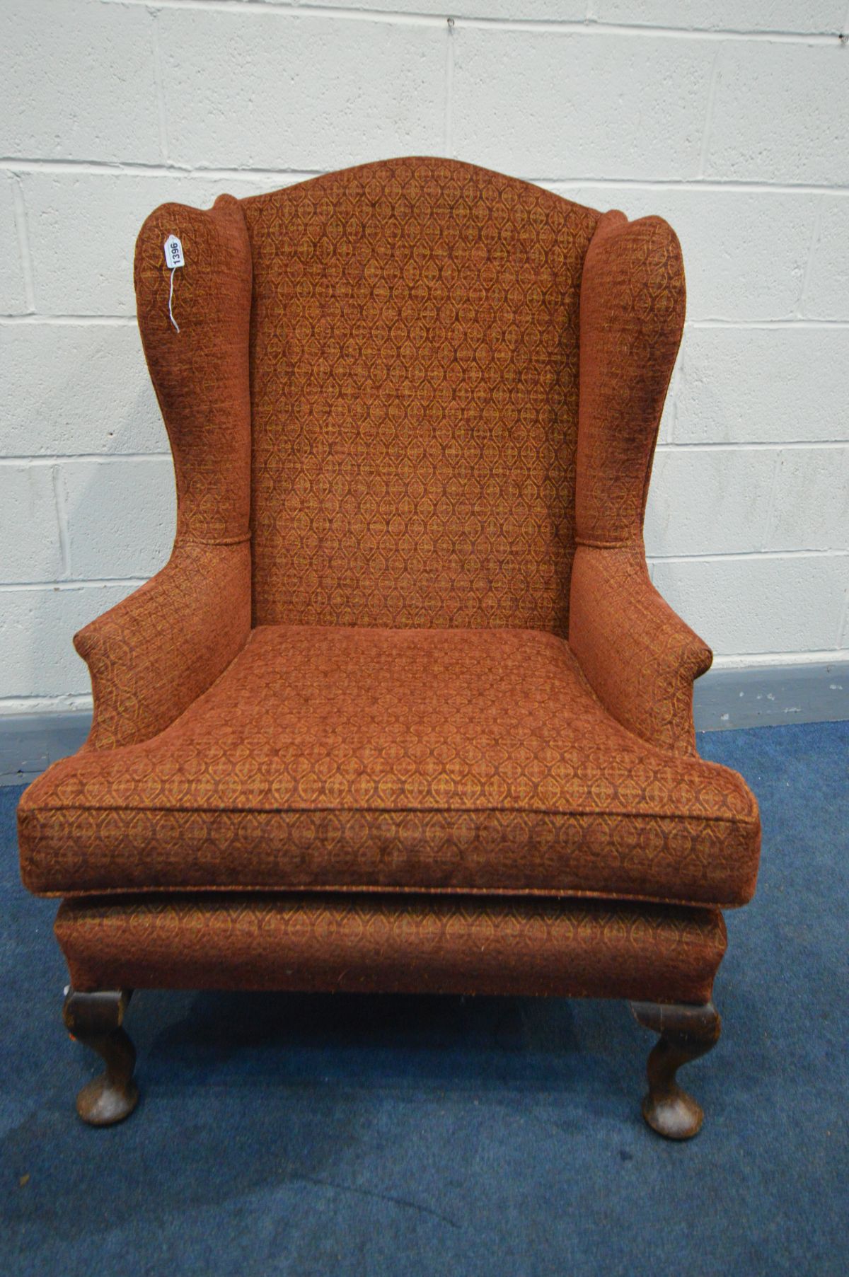 A GEORGIAN STYLE RED UPHOLSTERED WING BACK ARMCHAIR, on padded front feet, width 80cm x depth 92cm x - Image 2 of 3