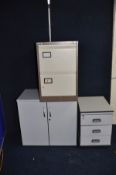 A METAL TWO DRAWER FILING CABINET width 47cm height 71cm (no key), an office three drawer cabinet