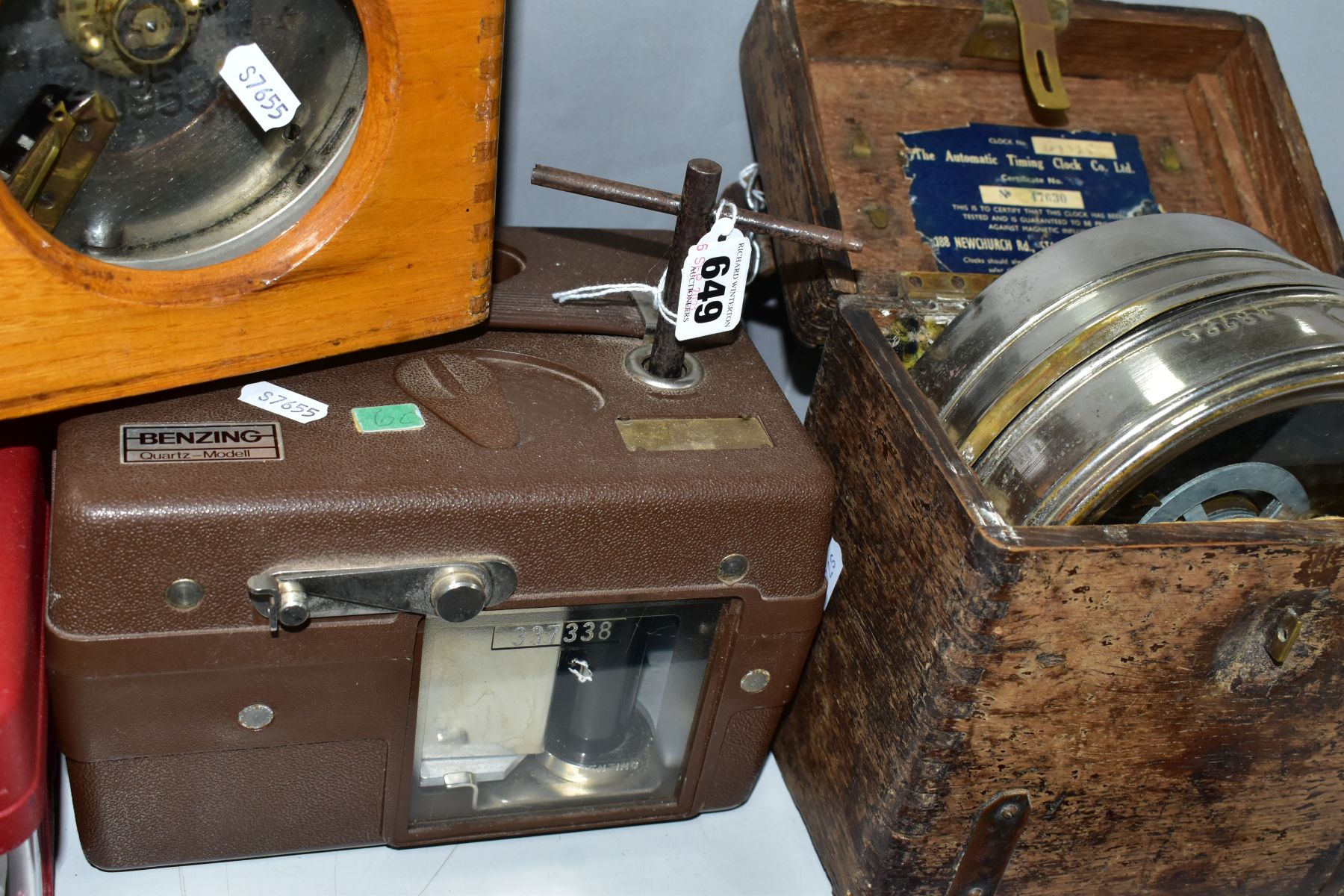 FIVE WOODEN, METAL AND PLASTIC CASED PIGEON CLOCKS, comprising a Toulet Imperator (locked), a Toulet - Image 6 of 6