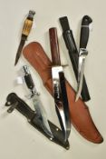 FOUR x MODERN KNIVES/DAGGERS, one is a Bowie knife style, three have scabbards, camping/hunting