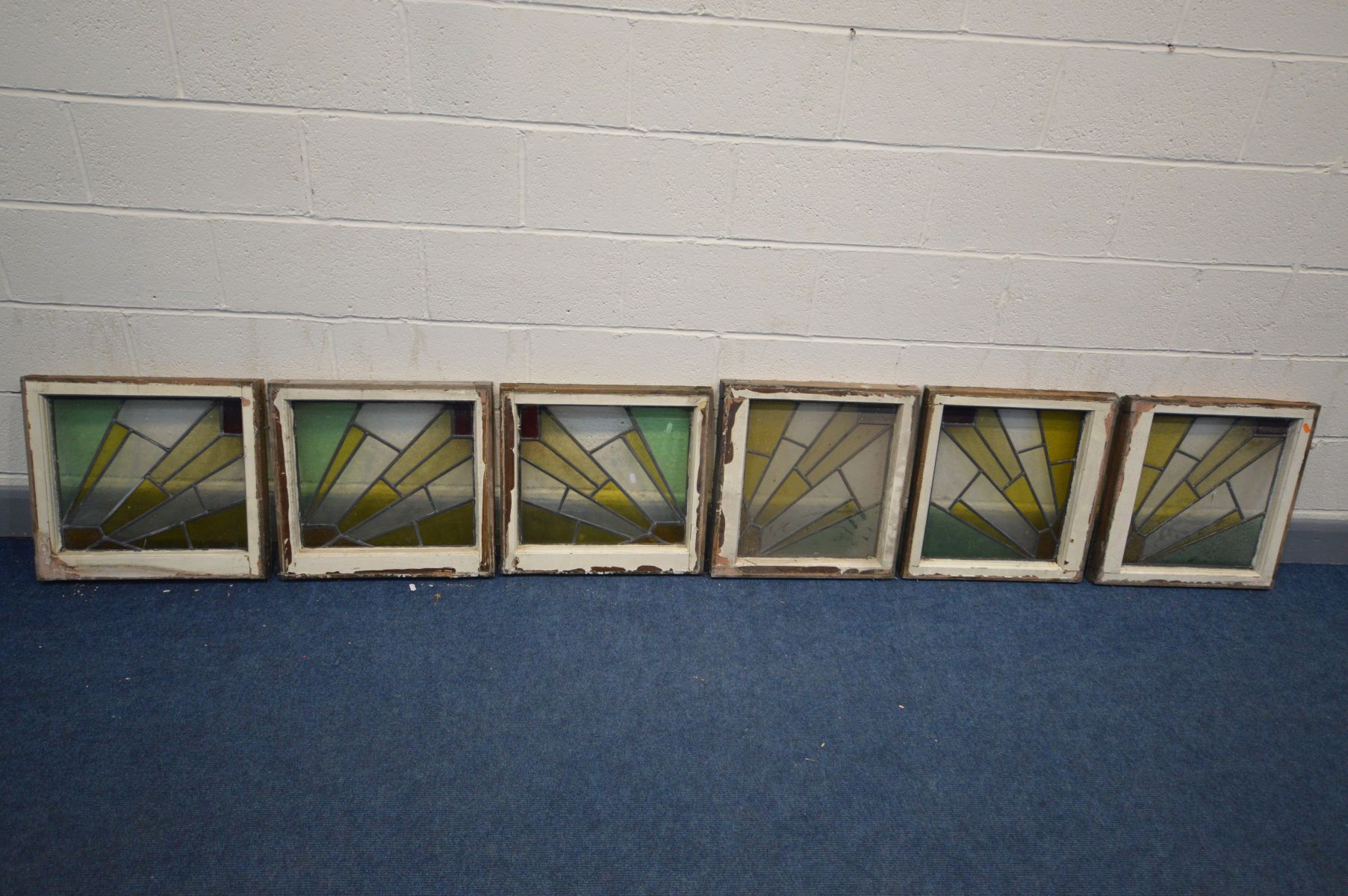 A SET OF SIX LEAD STAINED GLASS WINDOWS, framed 51cm x 49cm, windows 42cm x 37cm (condition - no