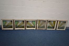 A SET OF SIX LEAD STAINED GLASS WINDOWS, framed 51cm x 49cm, windows 42cm x 37cm (condition - no