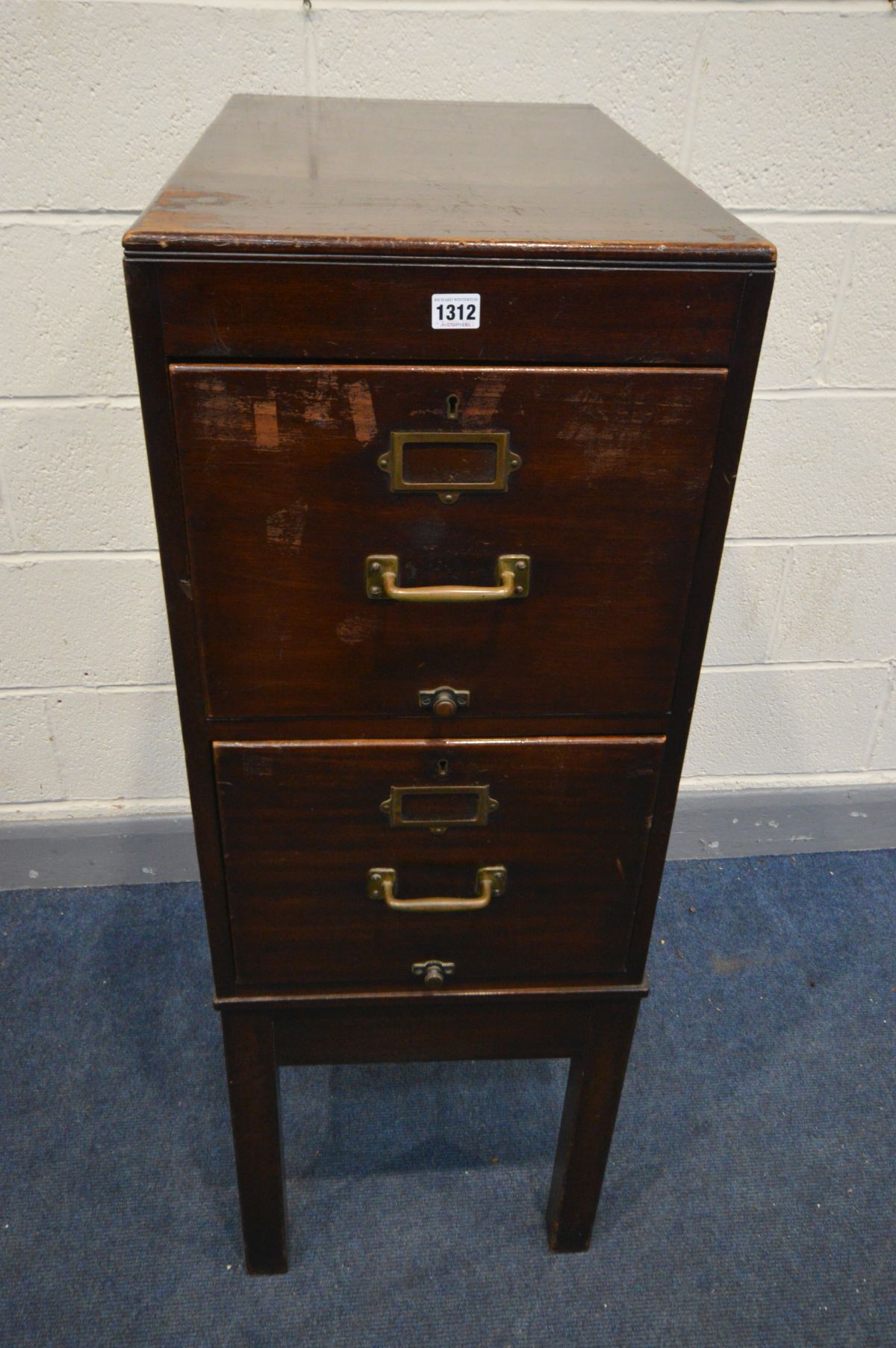 AN EARLY 20TH CENTURY MAHOGANY TWO DRAWER FILING CABINET, raised on square block legs, with a - Image 2 of 3