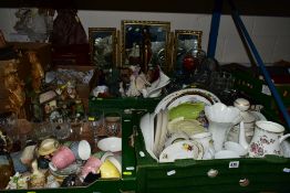 SIX BOXES AND LOOSE CERAMICS, GLASS, PICUTRES, POSTAGE STAMPS, ETC, to include Royal Albert '