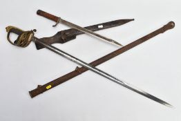 A WW1 ERA BELIEVED IMPERIAL GERMAN ERSATZ RIFLE BAYONET, with metal scabbard and leather frog, the