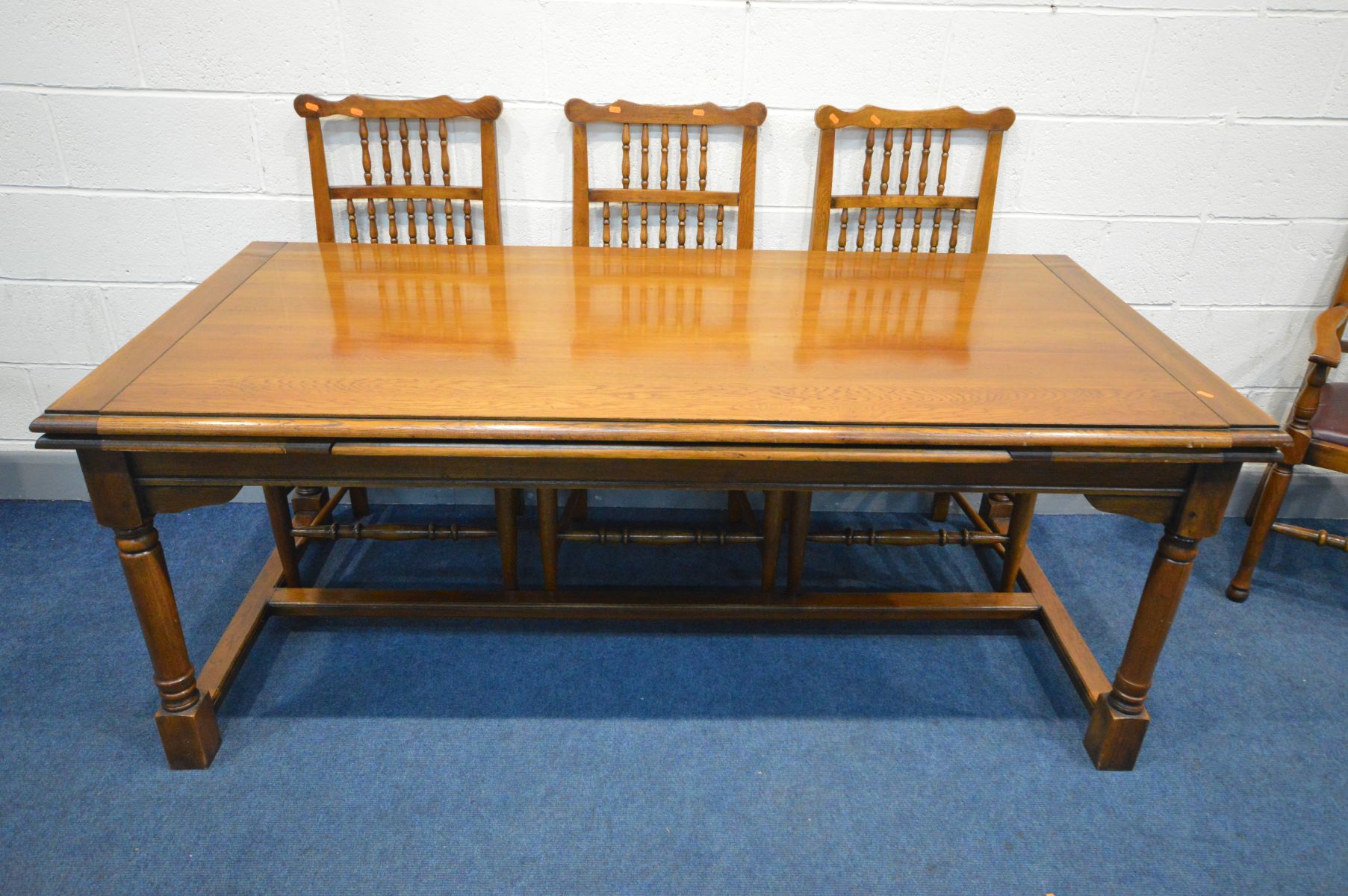 A GOOD REPRODUCTION OAK DRAW LEAF REFECTORY TABLE, on turned legs united by a single stretcher, - Image 6 of 6