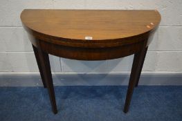 A GEORGIAN STYLE MAHOGANY DEMI LUNE CARD TABLE, with a fold over top, open diameter 96cm x height