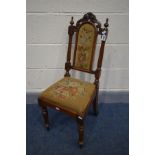 A VICTORIAN WALNUT CHILDS HALL CHAIR, with tapestry seat and back