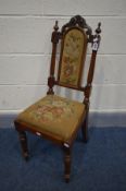 A VICTORIAN WALNUT CHILDS HALL CHAIR, with tapestry seat and back