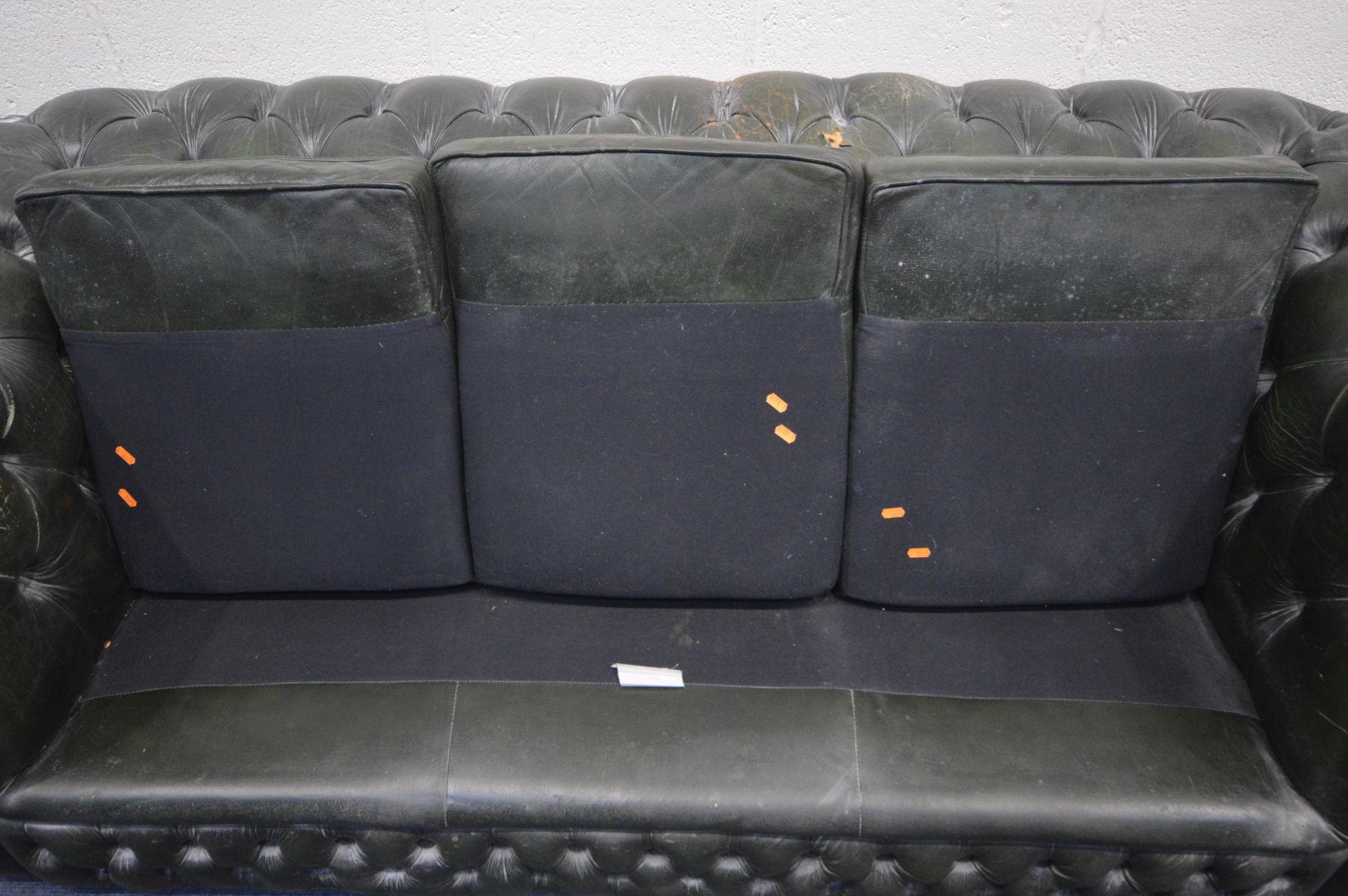A GREEN LEATHER CHESTERFIELD SOFA, length 195cm (condition - ideal for restoration, crazing to seat, - Image 6 of 7