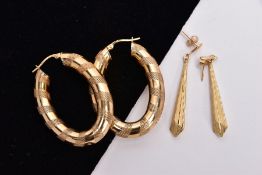 TWO PAIRS OF EARRINGS, the first a pair of elongated hoops with diagonal engine turned pattern,