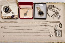 A BOX OF ASSORTED SILVER AND WHITE METAL JEWELLERY, to include a silver vest of a rounded