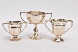 THREE MINATURE SILVER TROPHY CUPS, two matching cups both engraved to the rim 'The rock challenge