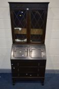 A DARK OAK BUREAU BOOKCASE, width 76cm x depth 42cm x height 182cm (keys faulty, top section