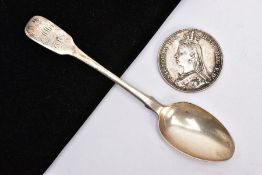 A SILVER SPOON AND COIN, the Georgian silver teaspoon with Fiddle pattern terminal and engraved