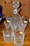 WATERFORD CRYSTAL DECANTER, SIX GLASSES AND TWO TUMBLERS, decanter and glasses are in the '