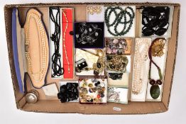 A BOX OF ASSORTED COSTUME JEWELLERY AND ITEMS, to include a cased double imitation pearl strand