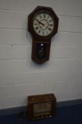 AN ANSONIA CLOCK COMPANY OF NEW YORK MAHOGANY DROP DIAL WALL CLOCK (winding key) and a vintage Pye