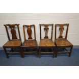 A HARLEQUIN SET OF FOUR 18TH CENTURY OAK WELSH SPLAT BACK CHAIRS (condition - historical crack to